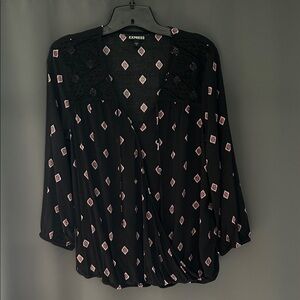 Express Women's Black Blouse with Burgundy Accents